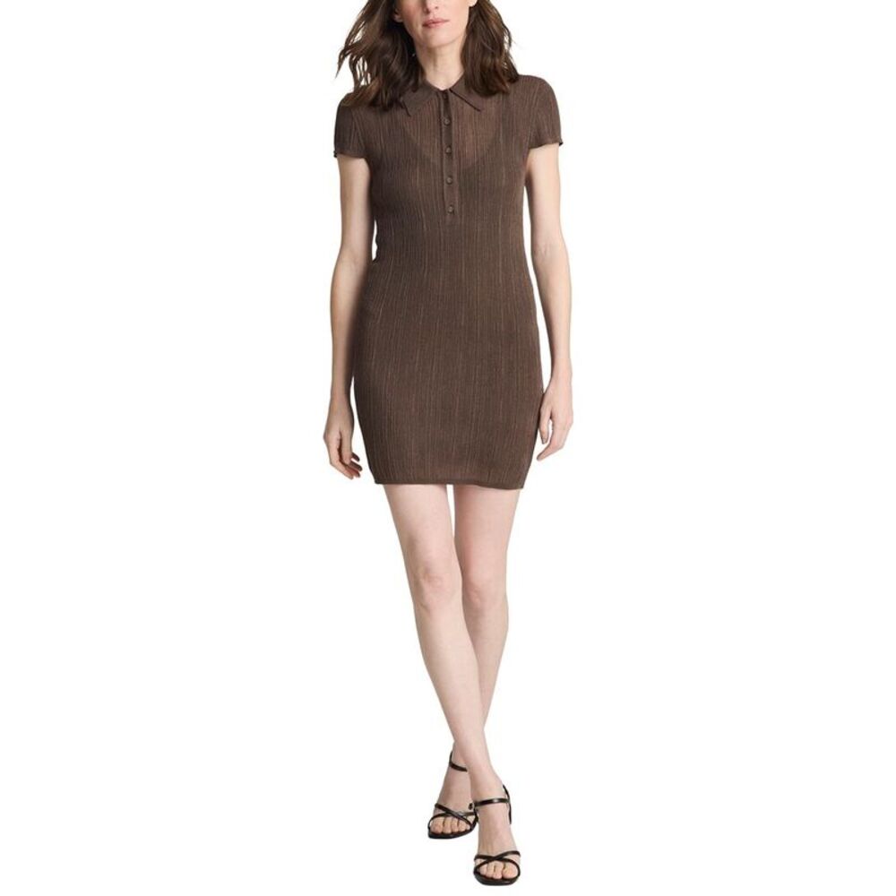 Kenneth Cole Womens Variegated Rib Cap Sleeve Polo Dress, Brown
